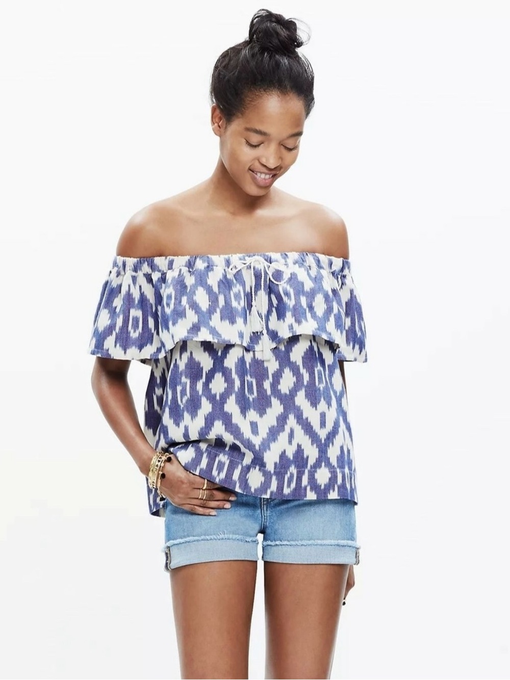 Madewell Blue & White Off-Shoulder Ikat Balcony Blouse Coastal Beach Summer Top - Picture 2 of 12